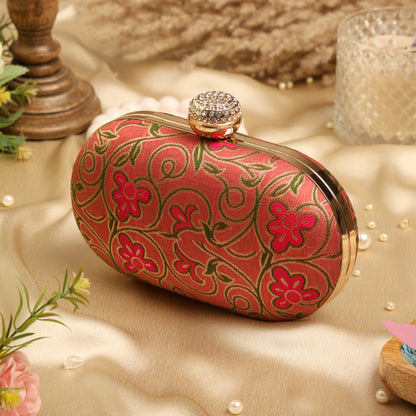 Luxury Pink Floral Embroidered Clutch with Crystal Clasp – Bridal & Party Sling Bag