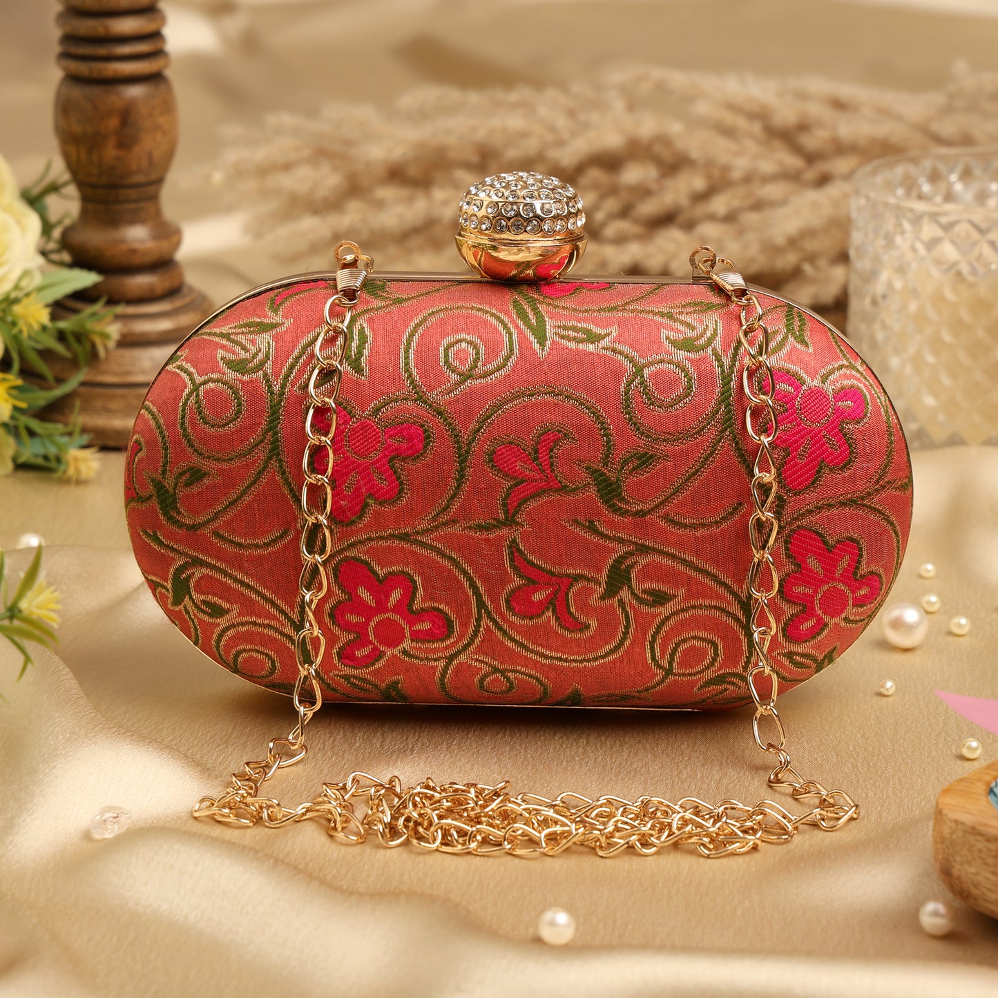 Luxury Pink Floral Embroidered Clutch with Crystal Clasp – Bridal & Party Sling Bag