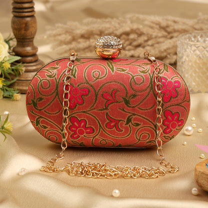 Luxury Pink Floral Embroidered Clutch with Crystal Clasp – Bridal & Party Sling Bag