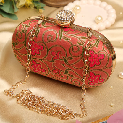 Luxury Pink Floral Embroidered Clutch with Crystal Clasp – Bridal & Party Sling Bag