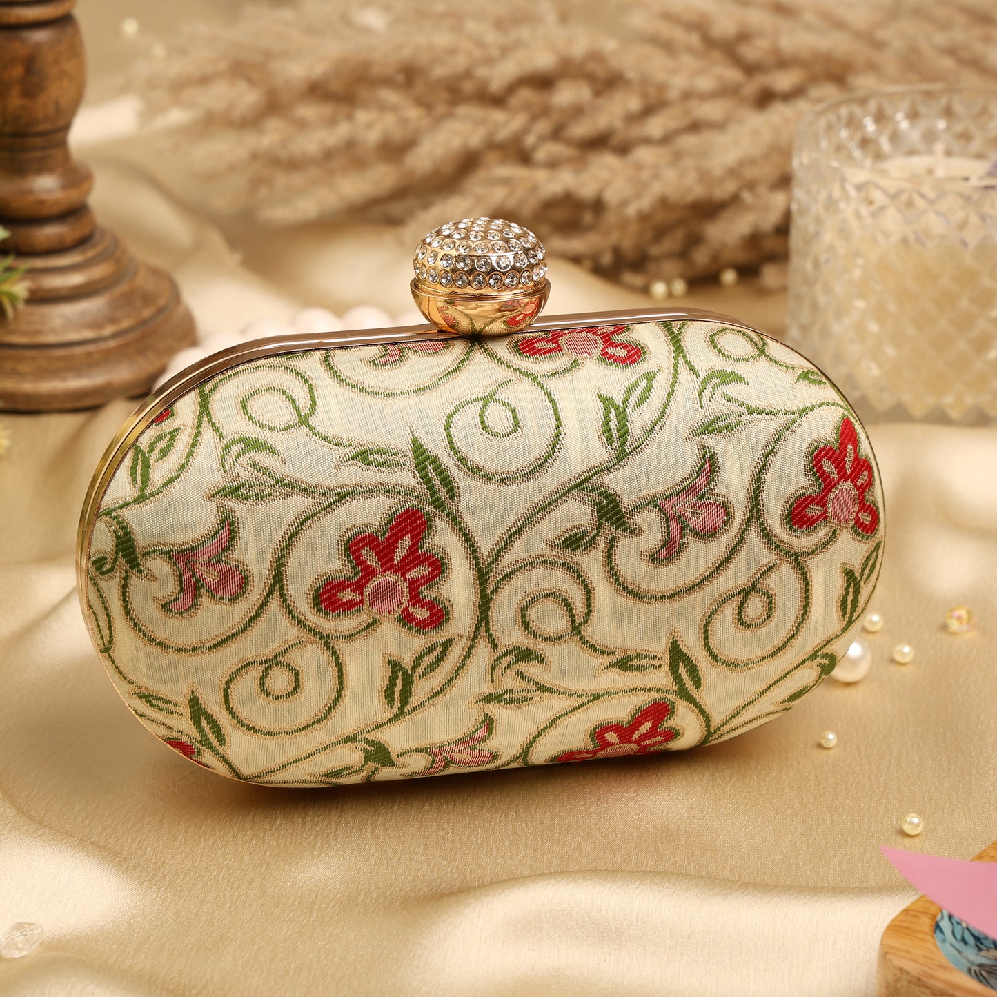 Elegant Floral Embroidered Clutch with Gold Chain – Bridal & Party Wear Handbag