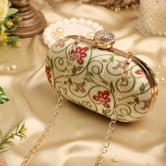 Elegant Floral Embroidered Clutch with Gold Chain – Bridal & Party Wear Handbag