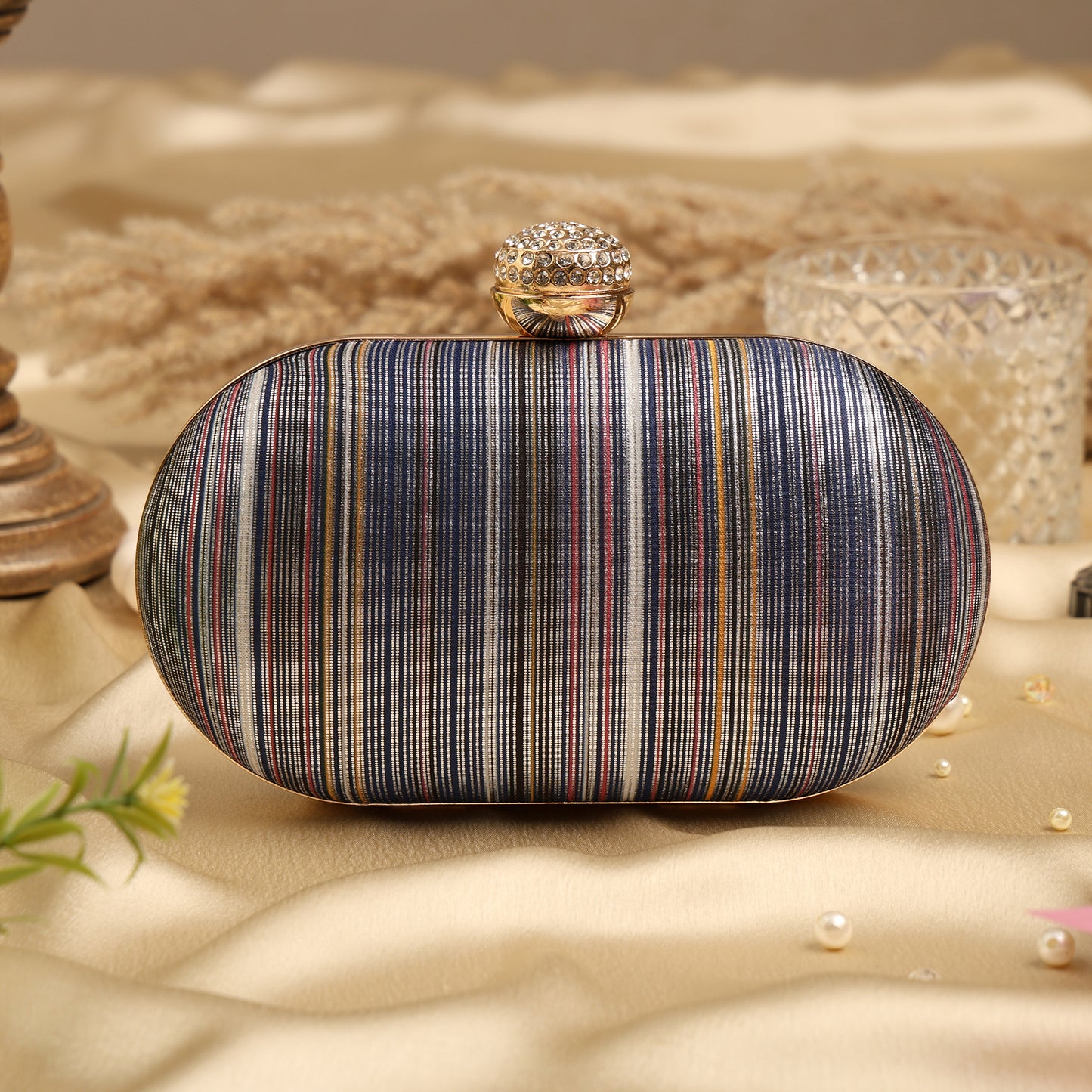 Multicolor Striped Clutch with Crystal Clasp – Elegant Party & Evening Handbag
