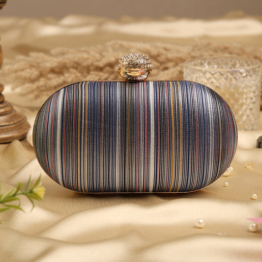 Multicolor Striped Clutch with Crystal Clasp – Elegant Party & Evening Handbag