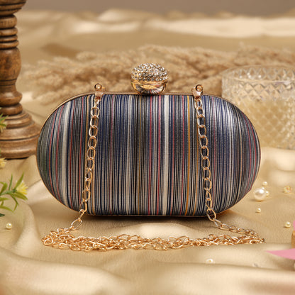 Multicolor Striped Clutch with Crystal Clasp – Elegant Party & Evening Handbag