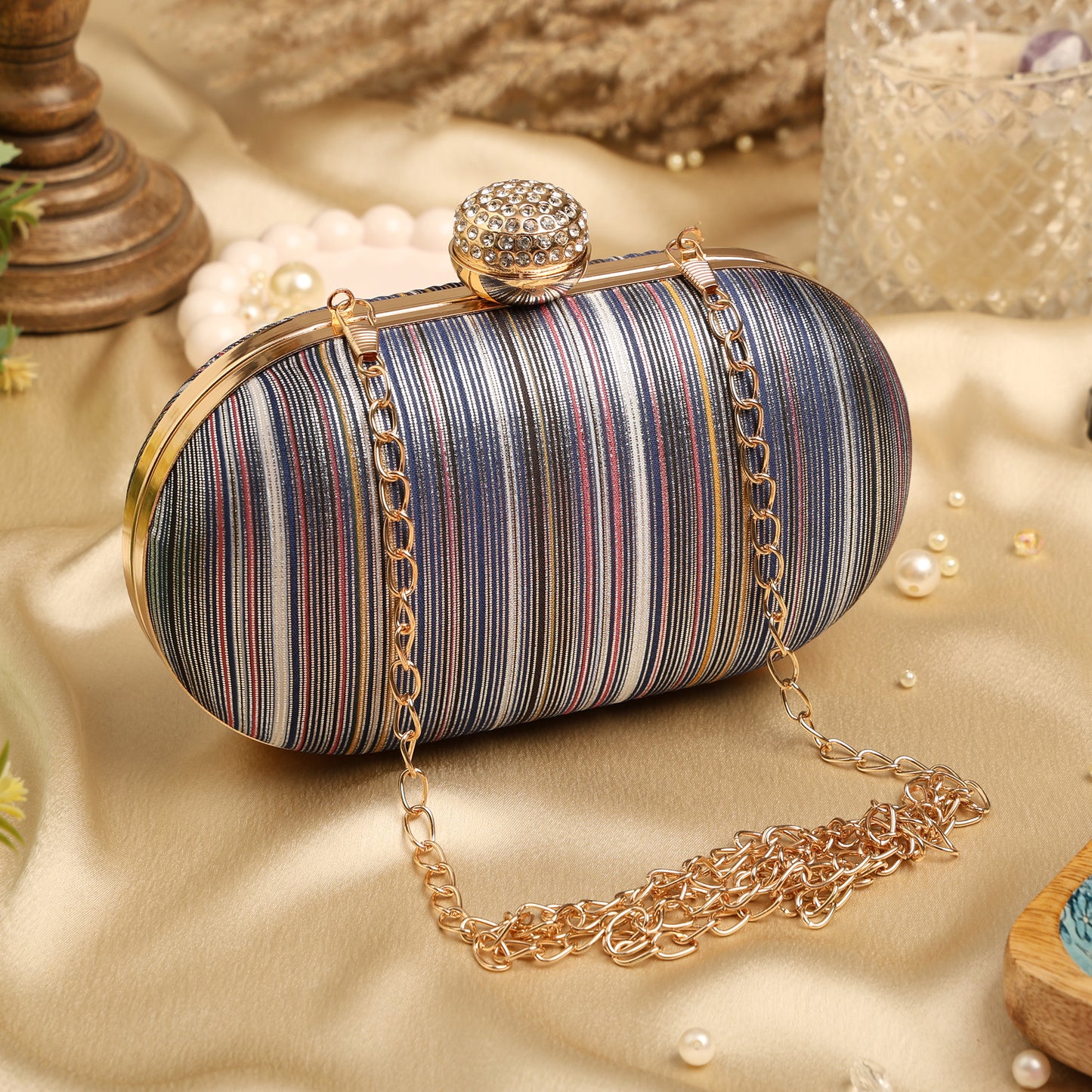Multicolor Striped Clutch with Crystal Clasp – Elegant Party & Evening Handbag