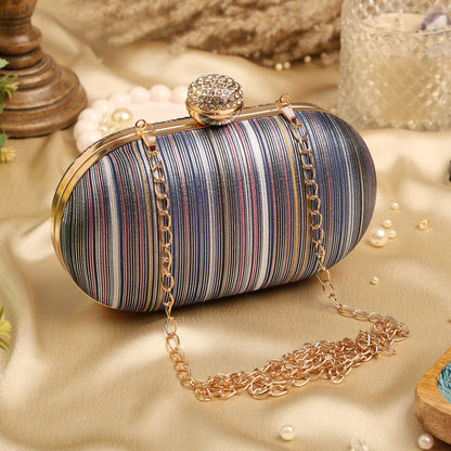 Multicolor Striped Clutch with Crystal Clasp – Elegant Party & Evening Handbag