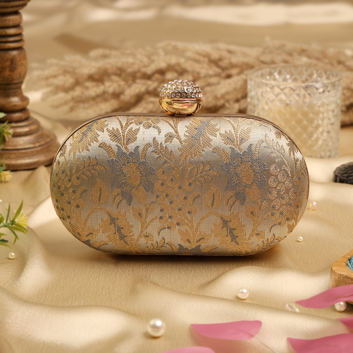 Elegant Gold & Silver Floral Brocade Clutch with Crystal Clasp – Wedding & Party Handbag
