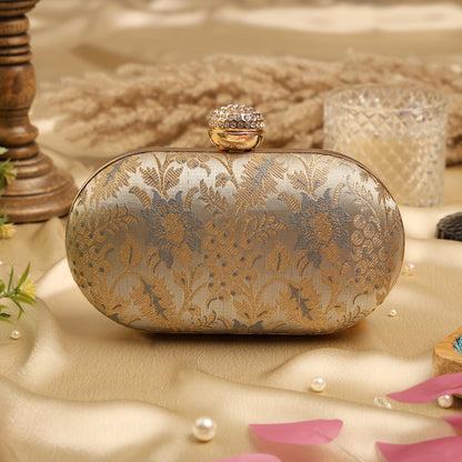 Elegant Gold & Silver Floral Brocade Clutch with Crystal Clasp – Wedding & Party Handbag