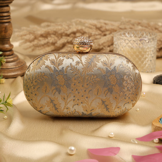 Elegant Gold & Silver Floral Brocade Clutch with Crystal Clasp – Wedding & Party Handbag
