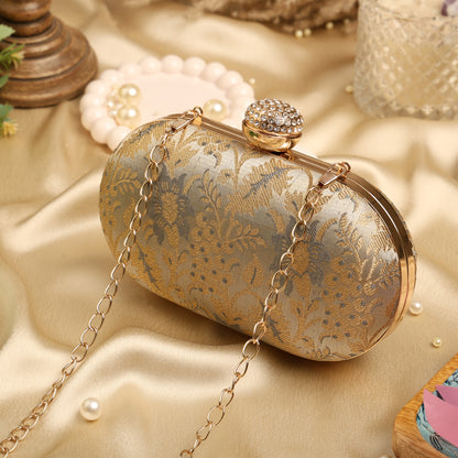 Elegant Gold & Silver Floral Brocade Clutch with Crystal Clasp – Wedding & Party Handbag