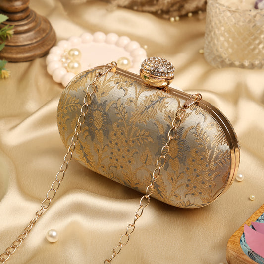 Elegant Gold & Silver Floral Brocade Clutch with Crystal Clasp – Wedding & Party Handbag