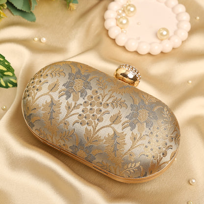 Elegant Gold & Silver Floral Brocade Clutch with Crystal Clasp – Wedding & Party Handbag