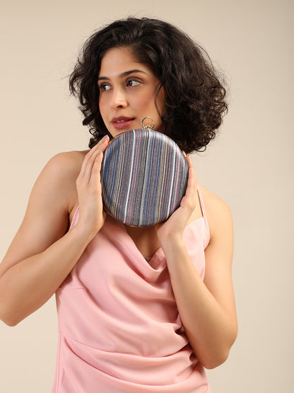 Galaxy Glow Round Statement Clutch with Metallic Chain & Ring Handle