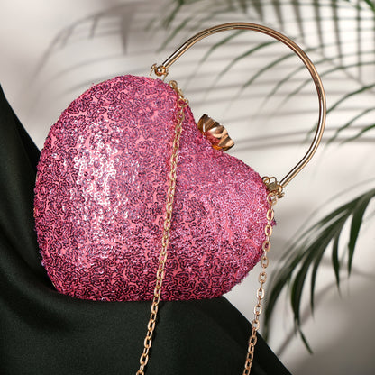 Pink Crush Heart-Shaped Statement Clutch with Dazzling Sequin Finish and Jewel Clasp