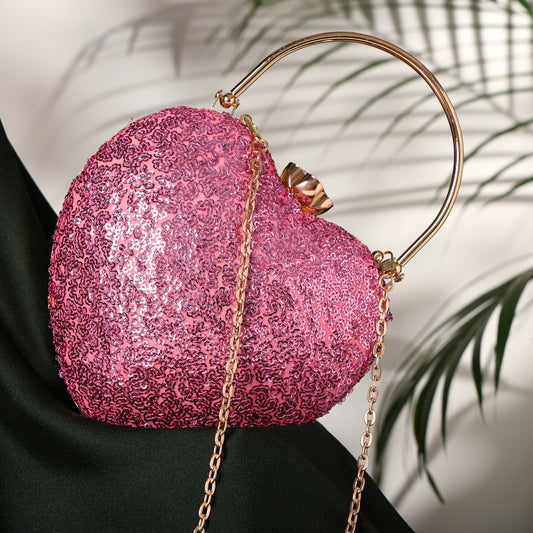 Pink Crush Heart-Shaped Statement Clutch with Dazzling Sequin Finish and Jewel Clasp