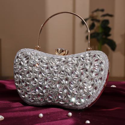 Luxury Midnight Spark White Embellished Party Clutch with Crystal Lock & Chain Strap