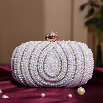 Royal Pearl Embellished Oval Clutch with Crystal Closure