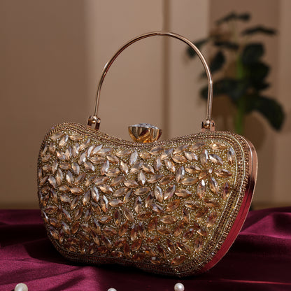 Luxury Midnight Spark Golden Embellished Party Clutch with Crystal Lock & Chain Strap
