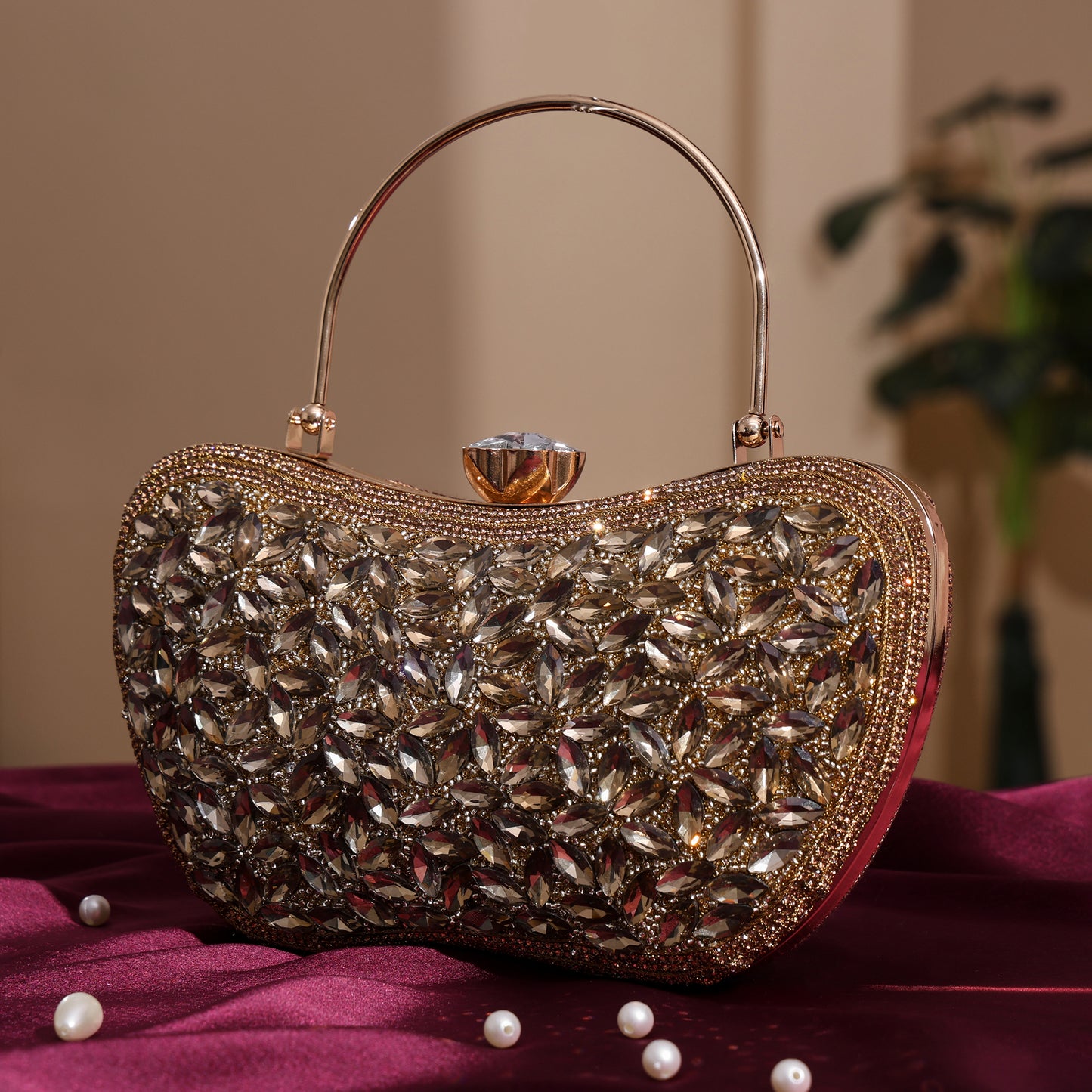 Luxury Midnight Spark Brown Embellished Party Clutch with Crystal Lock & Chain Strap