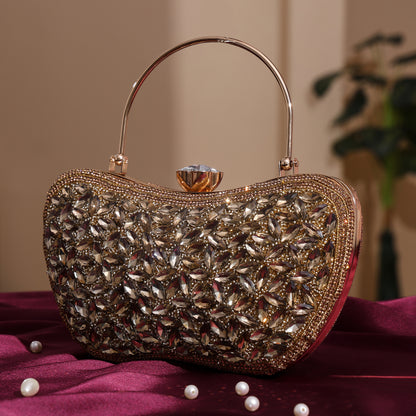 Luxury Midnight Spark Brown Embellished Party Clutch with Crystal Lock & Chain Strap