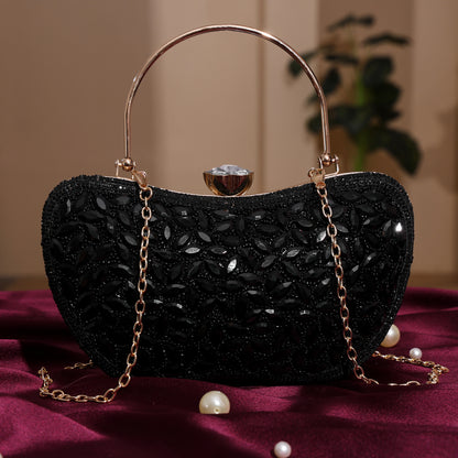 Luxury Midnight Spark Black Embellished Party Clutch with Crystal Lock & Chain Strap