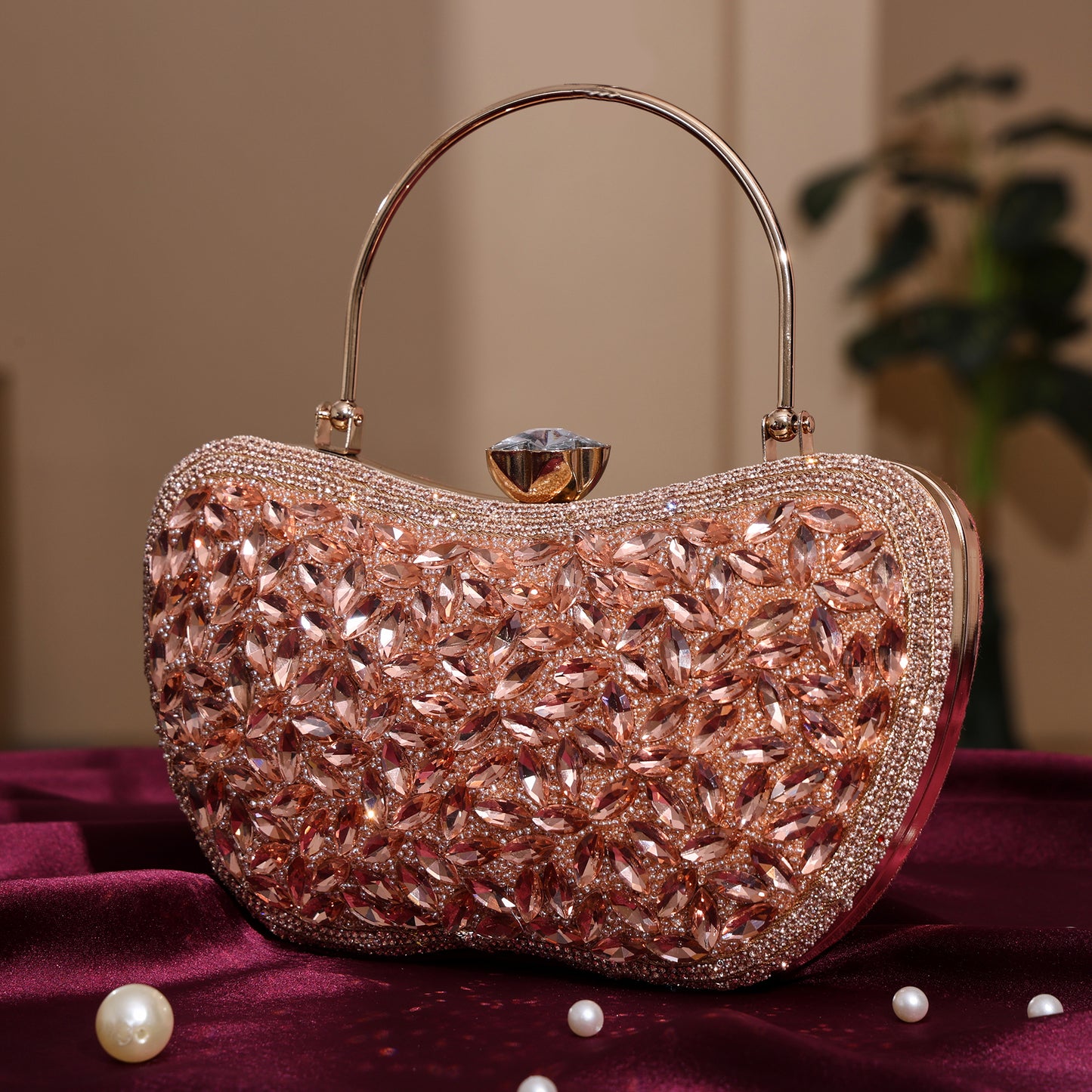 Luxury Midnight Spark Rose Gold Embellished Party Clutch with Crystal Lock & Chain Strap