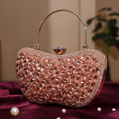 Luxury Midnight Spark Rose Gold Embellished Party Clutch with Crystal Lock & Chain Strap