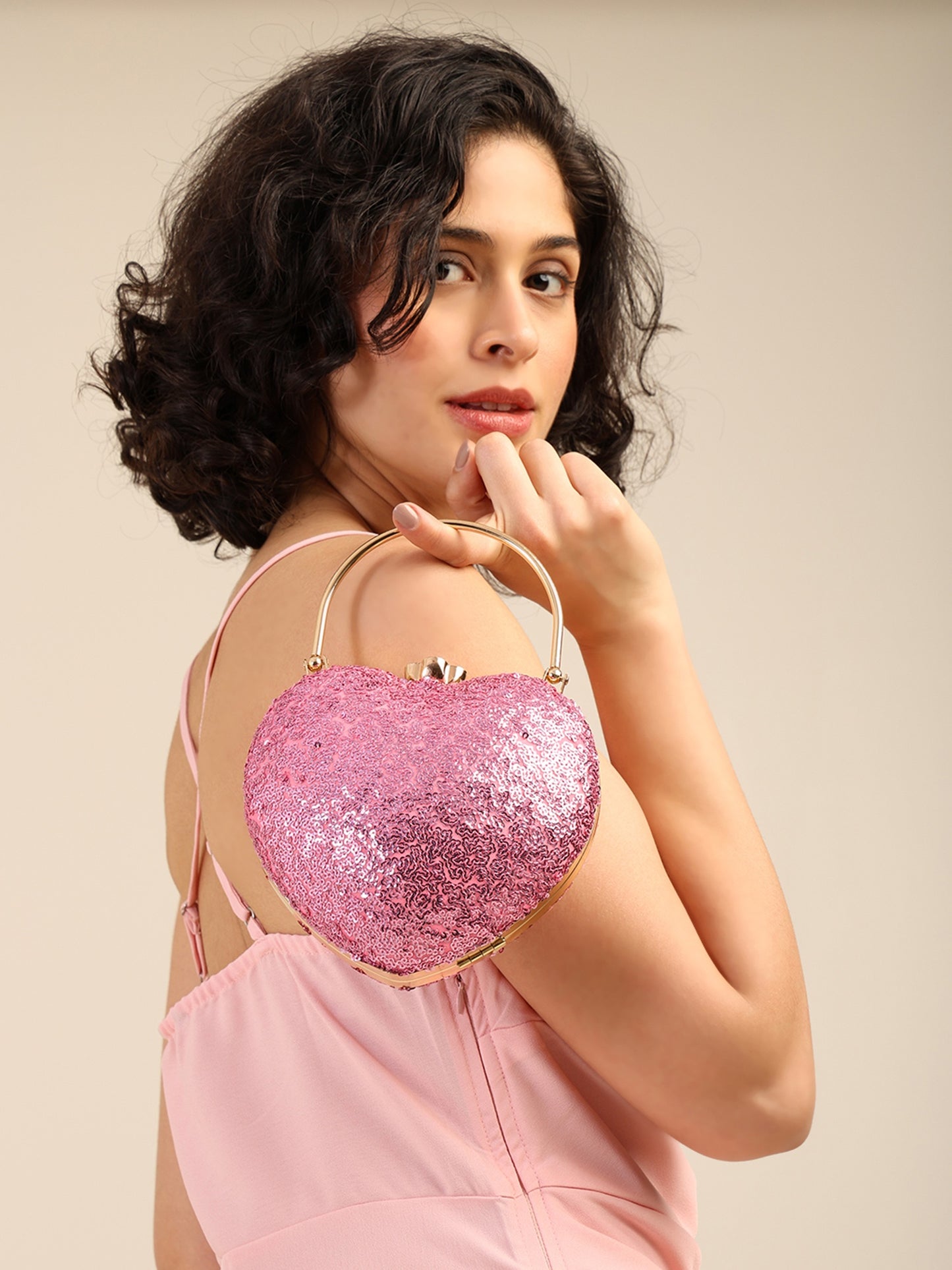 Pink Crush Heart-Shaped Statement Clutch with Dazzling Sequin Finish and Jewel Clasp