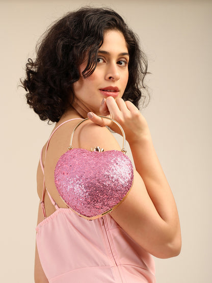 Pink Crush Heart-Shaped Statement Clutch with Dazzling Sequin Finish and Jewel Clasp