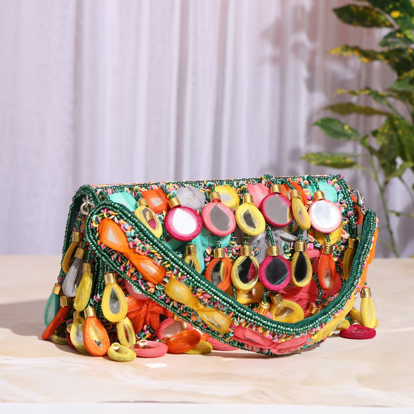 Banjara Beats – Multicolor Handcrafted Flap Bag | Boho-Chic Embellished Clutch with Fabric Drops & Beaded Handle