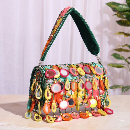 Banjara Beats – Multicolor Handcrafted Flap Bag | Boho-Chic Embellished Clutch with Fabric Drops & Beaded Handle