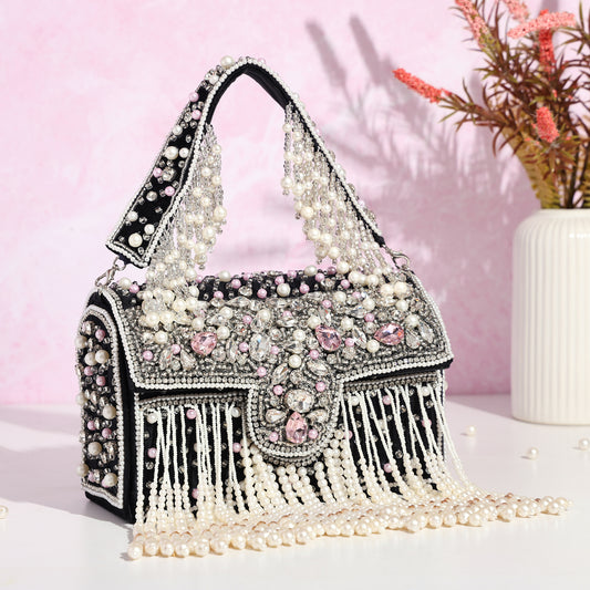 Heer Sitara – Handcrafted Crystal & Pearl Flap Bag | Designer Bridal Clutch with Beaded Handle