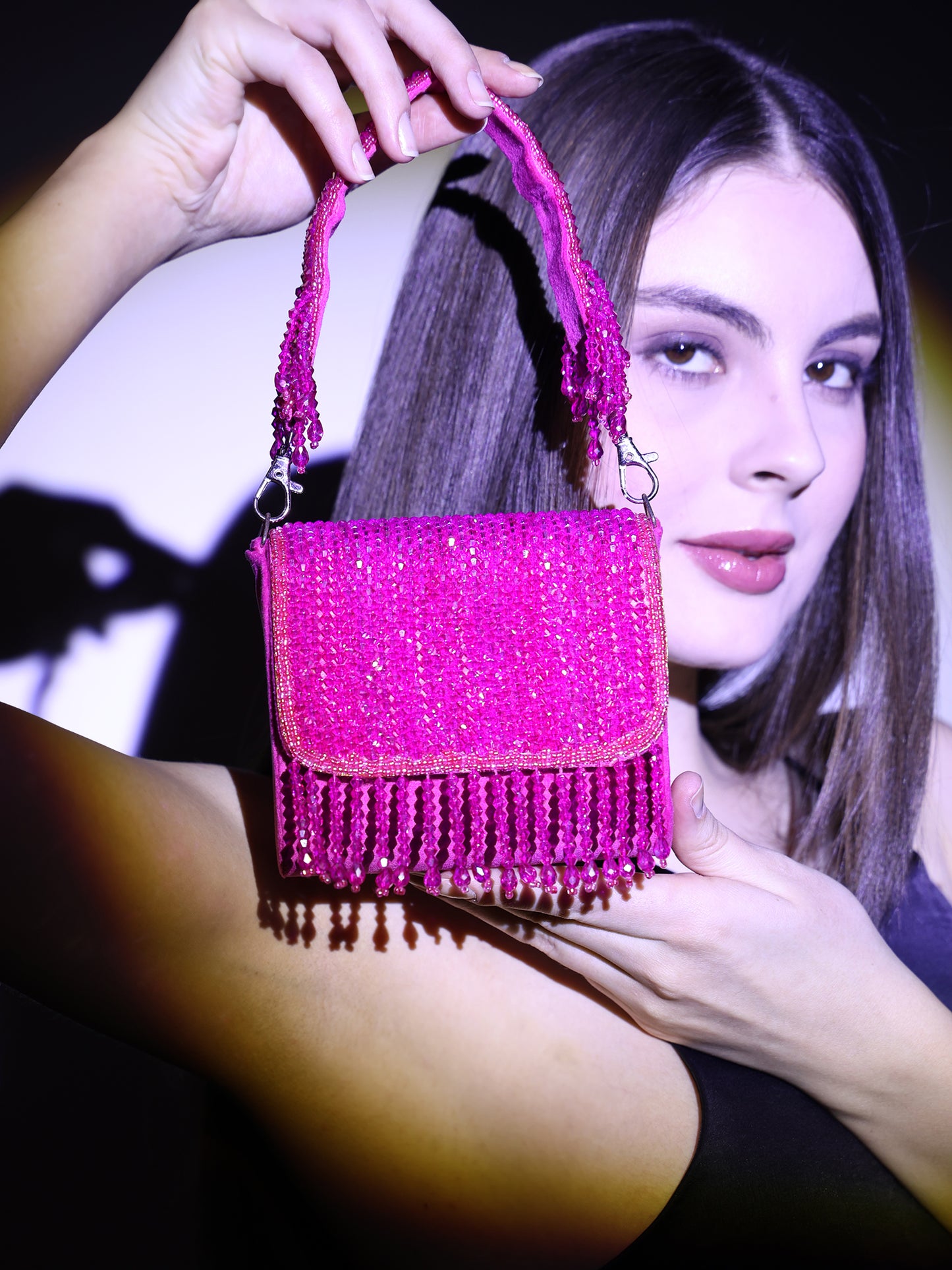 Women Multicolor Beaded Flap Handbag with Chain Strap