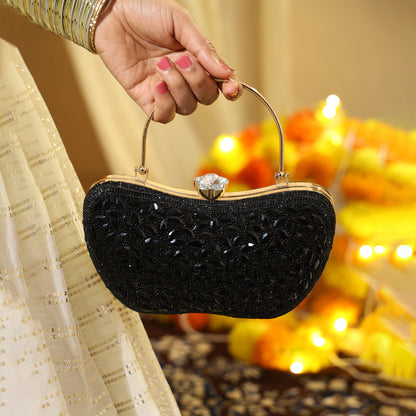 Luxury Midnight Spark Black Embellished Party Clutch with Crystal Lock & Chain Strap