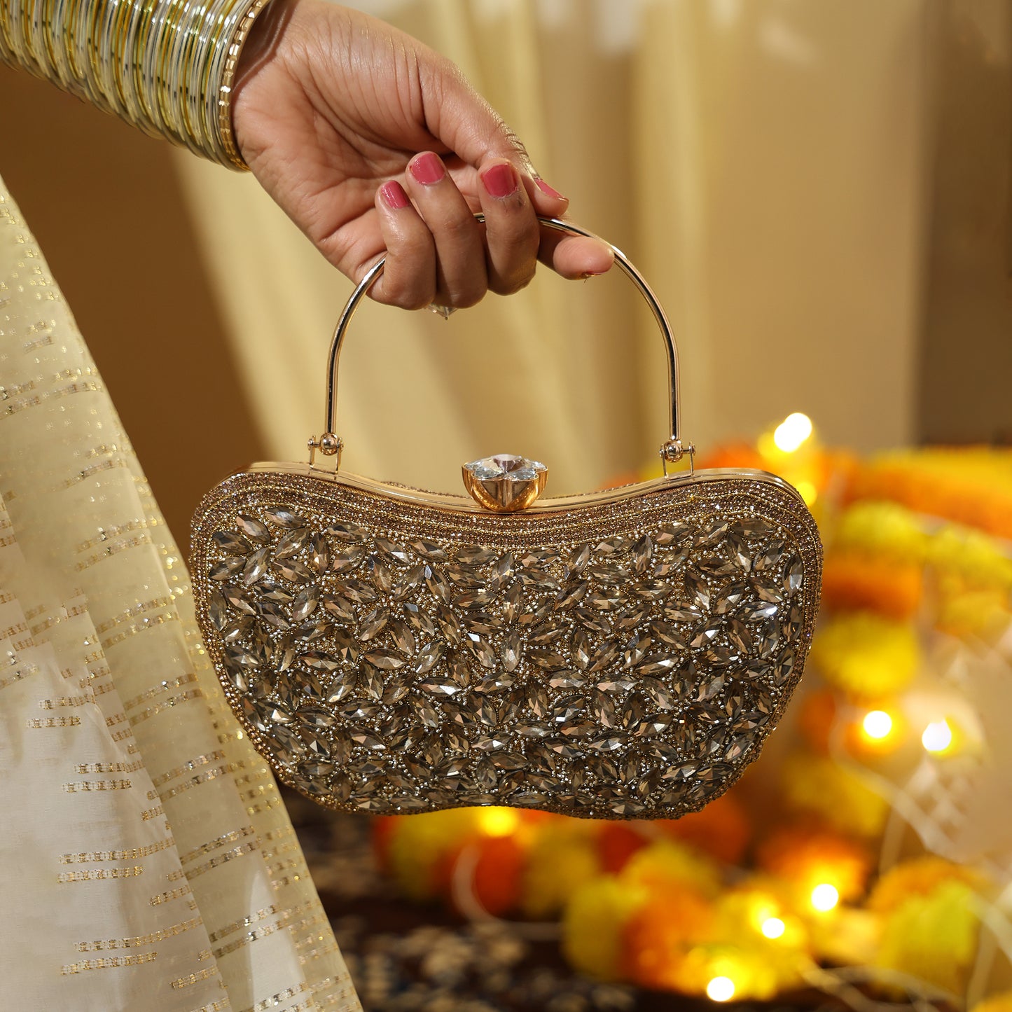 Luxury Midnight Spark Brown Embellished Party Clutch with Crystal Lock & Chain Strap