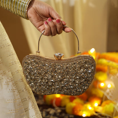 Luxury Midnight Spark Brown Embellished Party Clutch with Crystal Lock & Chain Strap