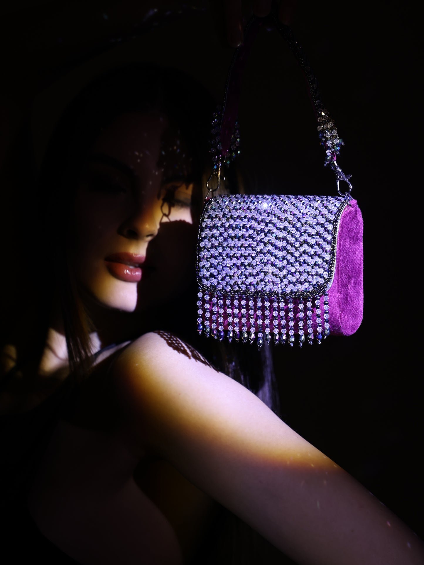 Women Elegant Red Beaded Flap Handbag with Crystal Fringe Detail