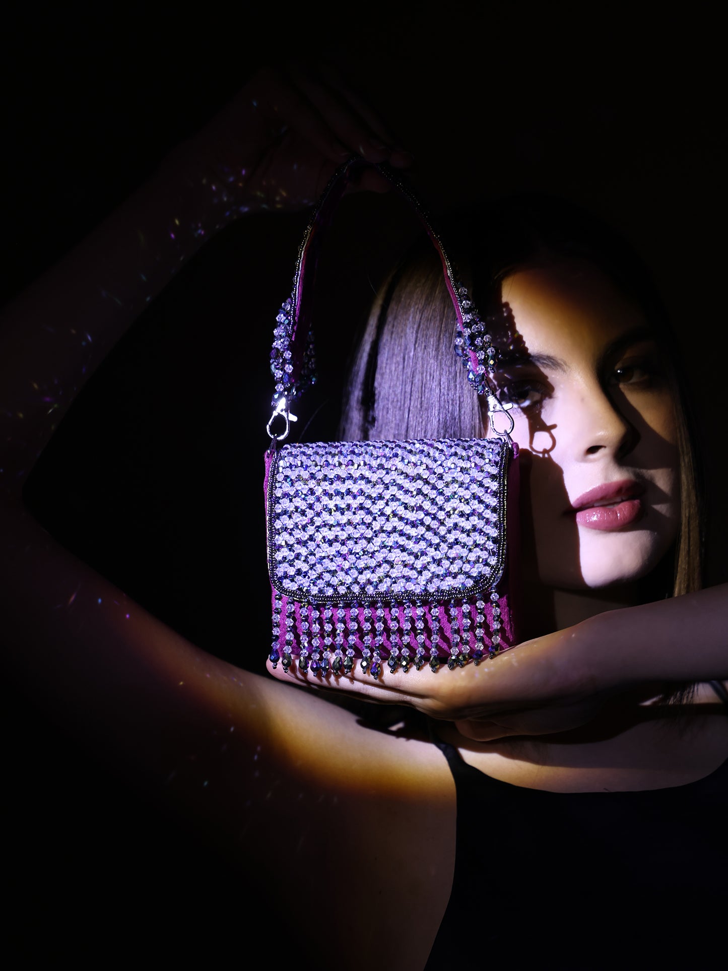 Women Elegant Red Beaded Flap Handbag with Crystal Fringe Detail