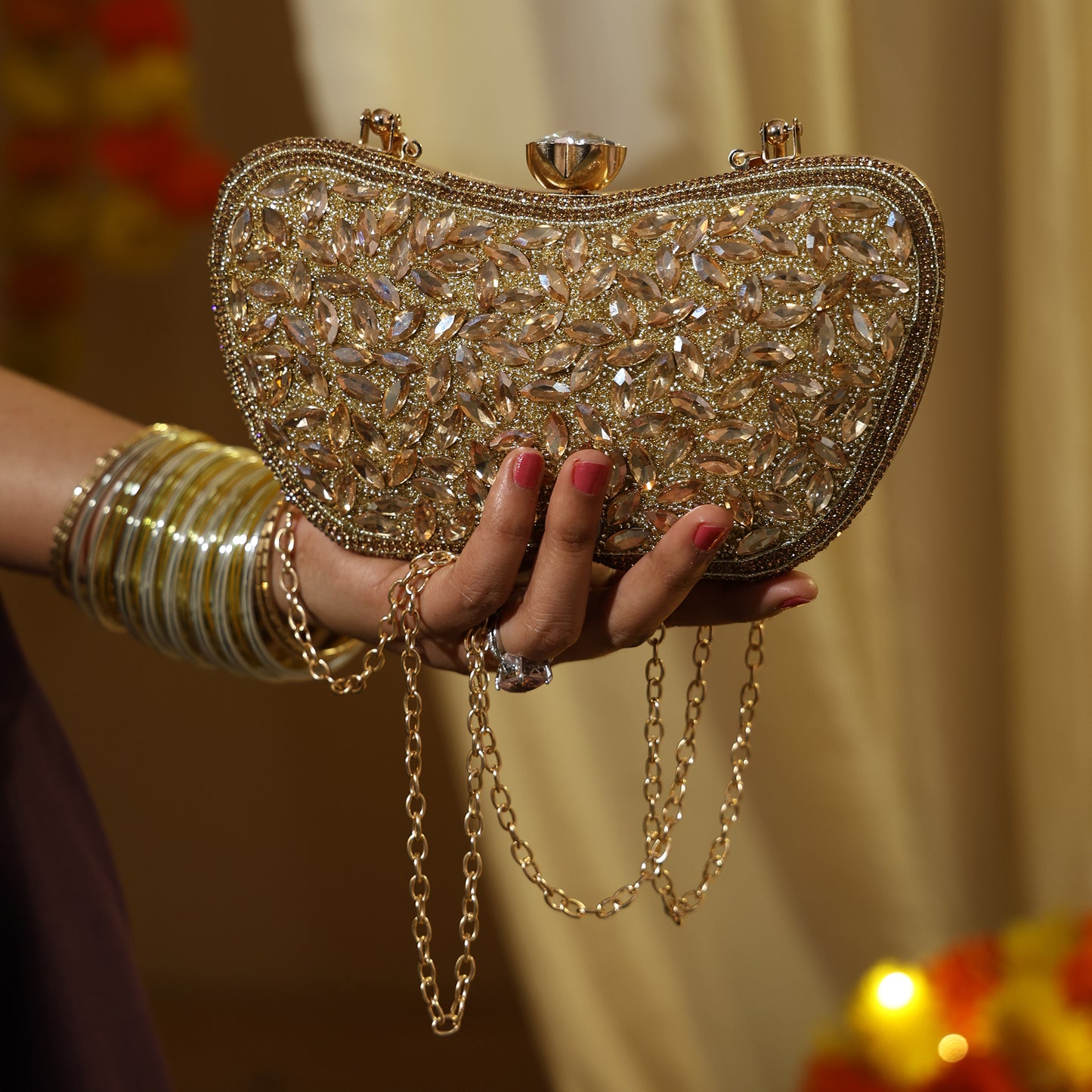 Luxury Midnight Spark Golden Embellished Party Clutch with Crystal Lock & Chain Strap