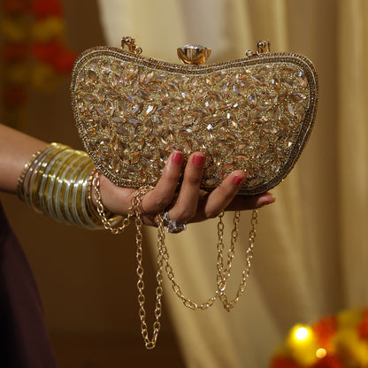 Luxury Midnight Spark Golden Embellished Party Clutch with Crystal Lock & Chain Strap