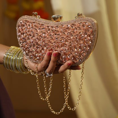 Luxury Midnight Spark Rose Gold Embellished Party Clutch with Crystal Lock & Chain Strap