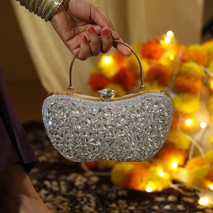 Luxury Midnight Spark White Embellished Party Clutch with Crystal Lock & Chain Strap