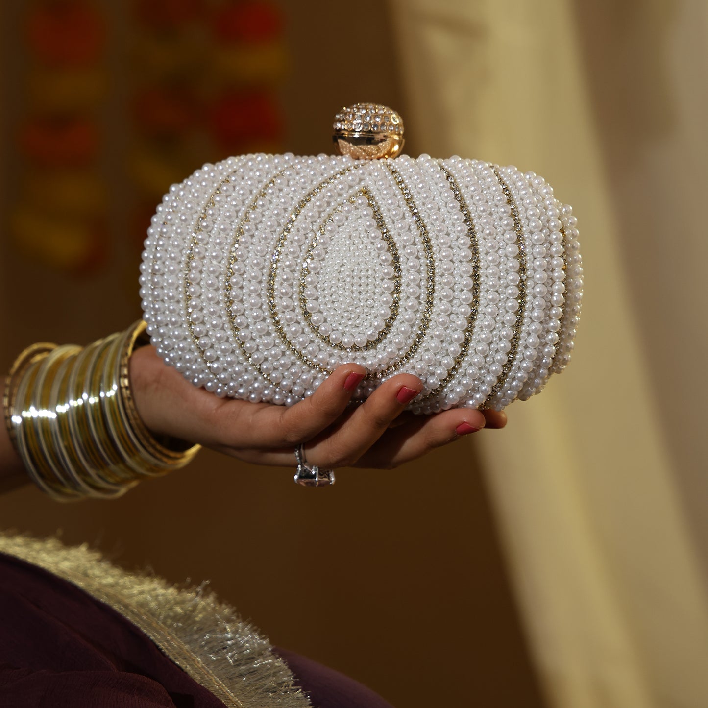 Royal Pearl Embellished Oval Clutch with Crystal Closure