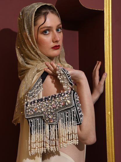 Heer Sitara – Handcrafted Crystal & Pearl Flap Bag | Designer Bridal Clutch with Beaded Handle