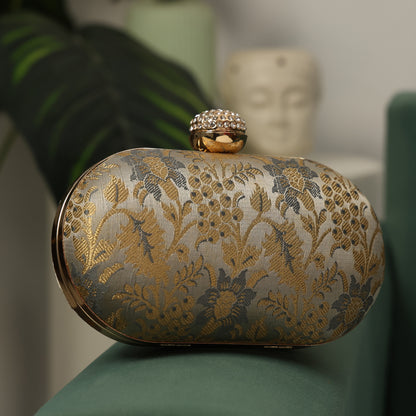 Elegant Gold & Silver Floral Brocade Clutch with Crystal Clasp – Wedding & Party Handbag
