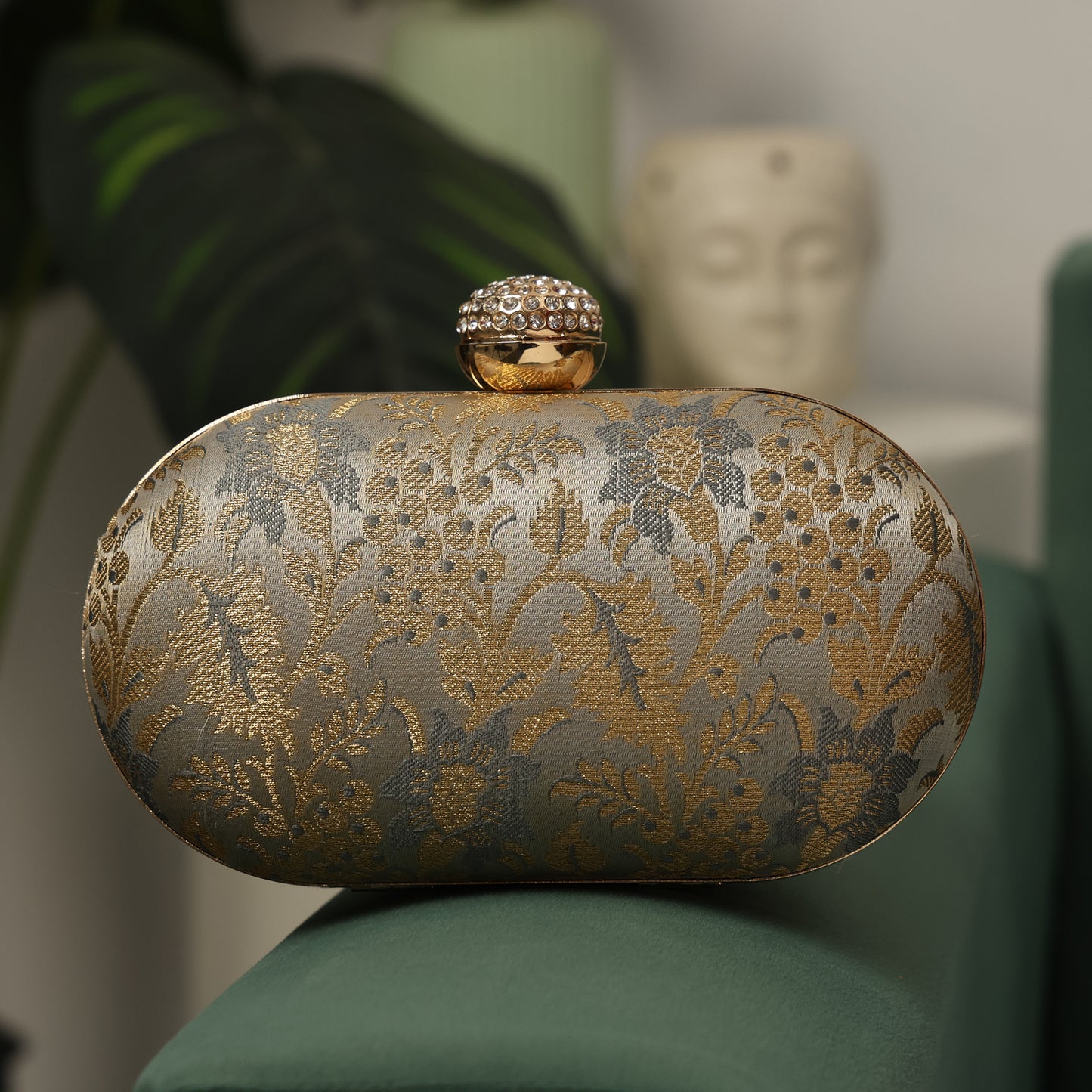 Elegant Gold & Silver Floral Brocade Clutch with Crystal Clasp – Wedding & Party Handbag