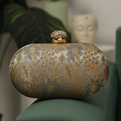 Elegant Gold & Silver Floral Brocade Clutch with Crystal Clasp – Wedding & Party Handbag