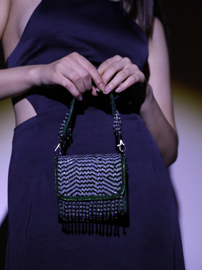 Women Emerald Beaded Mini Flap Bag with Crystal Fringe