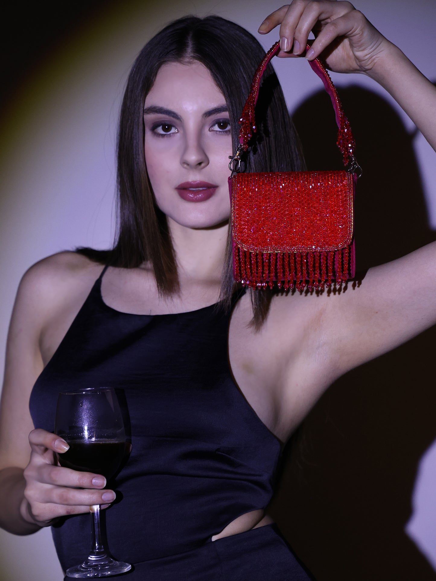 Women Multicolor Beaded Flap Handbag with Chain Strap